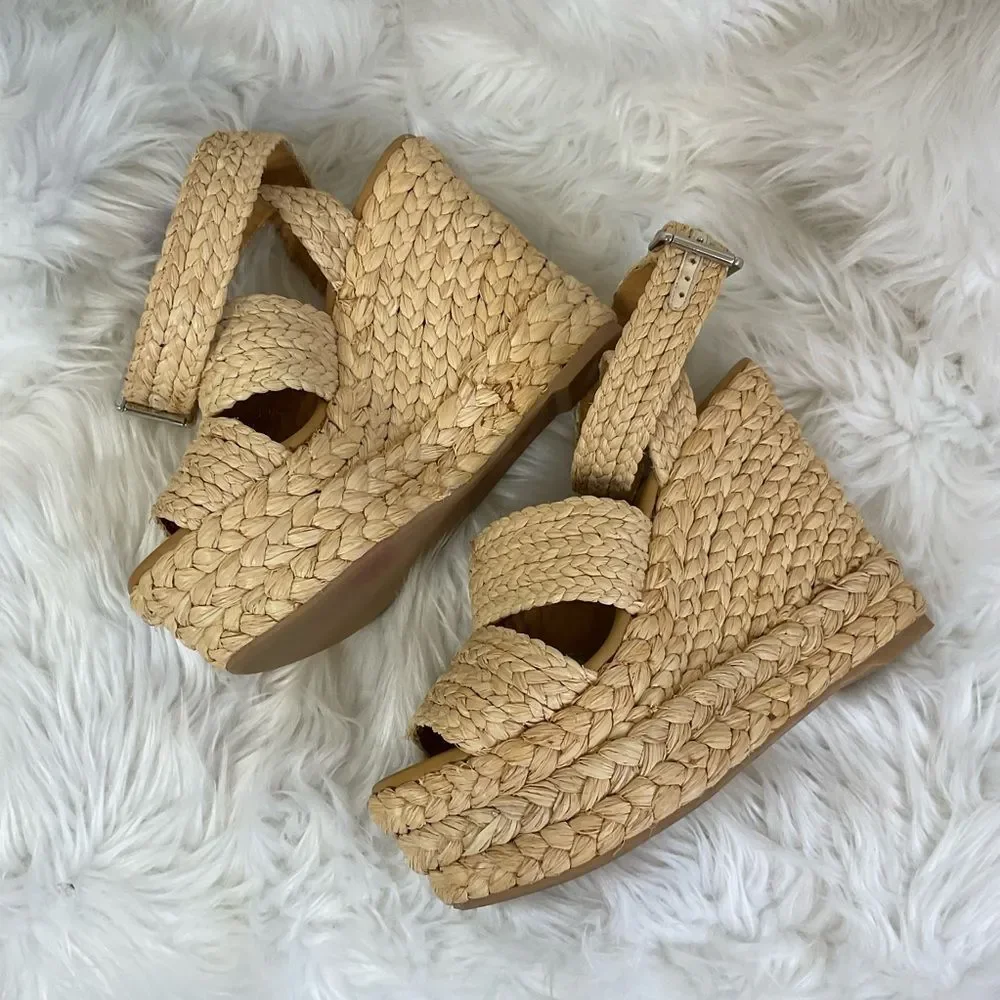 Polo Ralph Lauren Tan Ankle Strap Straw Wedge Sandals Size 7 EUR 37.5